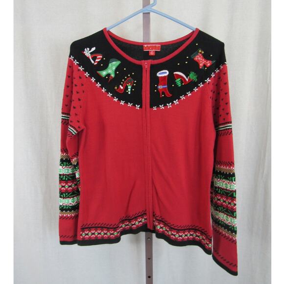Medium Christmas Sweater Shoe Patches Jungle Bells Front Zip Tacky Unique - Picture 1 of 5